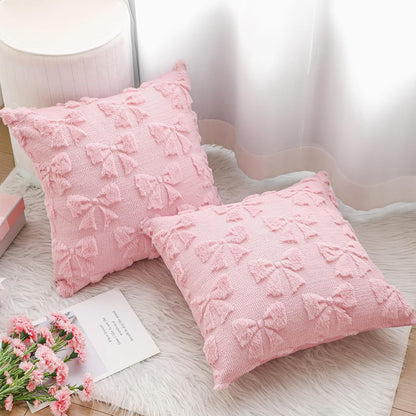 Bow Pillow Covers Set of 2 Preppy Room Decor, 18"x18", Dark Pink