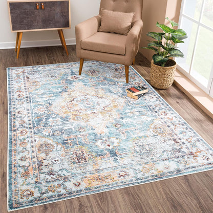 Washable Non-Slip 3' x 5' Rug - Teal/Peach Traditional Area Rug for Living Room, Bedroom, Dining Room, and Kitchen - Exact Size: 3' x 5'
