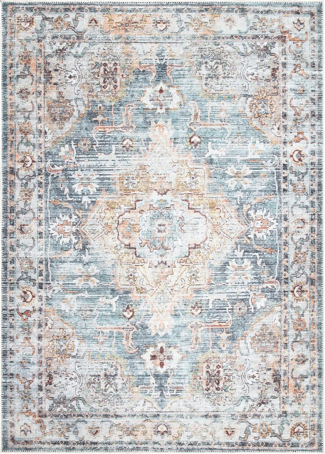 Washable Non-Slip 3' x 5' Rug - Teal/Peach Traditional Area Rug for Living Room, Bedroom, Dining Room, and Kitchen - Exact Size: 3' x 5'