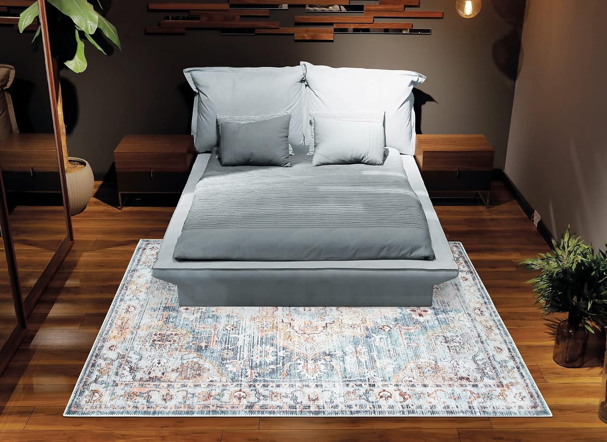Washable Non-Slip 3' x 5' Rug - Teal/Peach Traditional Area Rug for Living Room, Bedroom, Dining Room, and Kitchen - Exact Size: 3' x 5'