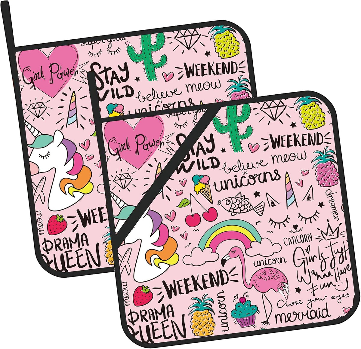 Pink Flamingo Unicorn Pot Holders Set of 2 Heat Resistant & Non Slip Potholders, Cute Drawing Oven Hot Pads for Kitchen Cooking Baking Barbecue