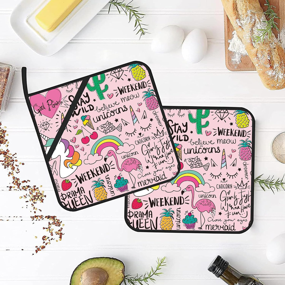 Pink Flamingo Unicorn Pot Holders Set of 2 Heat Resistant & Non Slip Potholders, Cute Drawing Oven Hot Pads for Kitchen Cooking Baking Barbecue