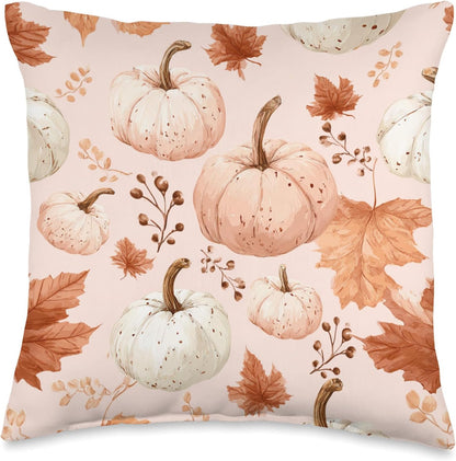 Pastel Pink Autumn Leaves Fall Pumpkin Cute Aesthetic Autumn Throw Pillow