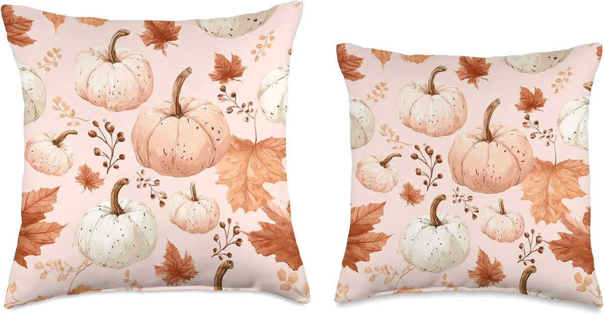 Pastel Pink Autumn Leaves Fall Pumpkin Cute Aesthetic Autumn Throw Pillow