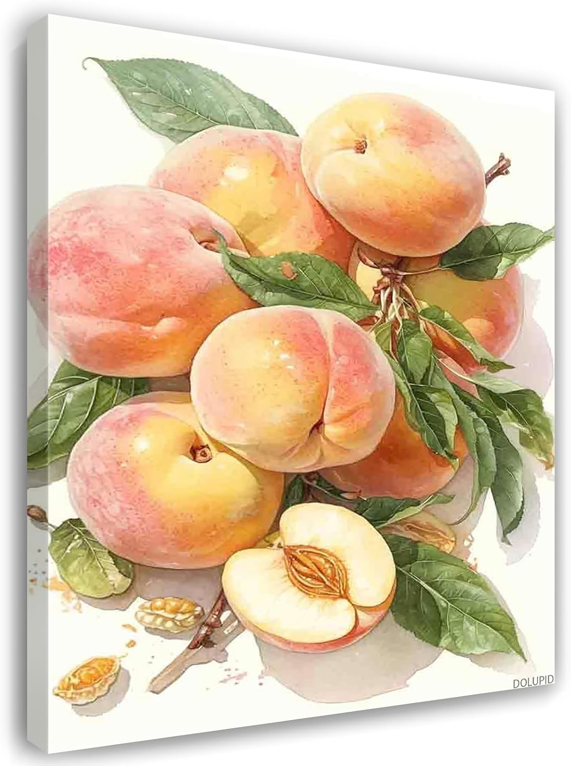 Peaches Fruit in Bowl Art Watercolors Painting, Kitchen Wall Art, Cooking Print, Food Painting for Living Room Wooden Framed 8x10inch Canvas Print with Frame