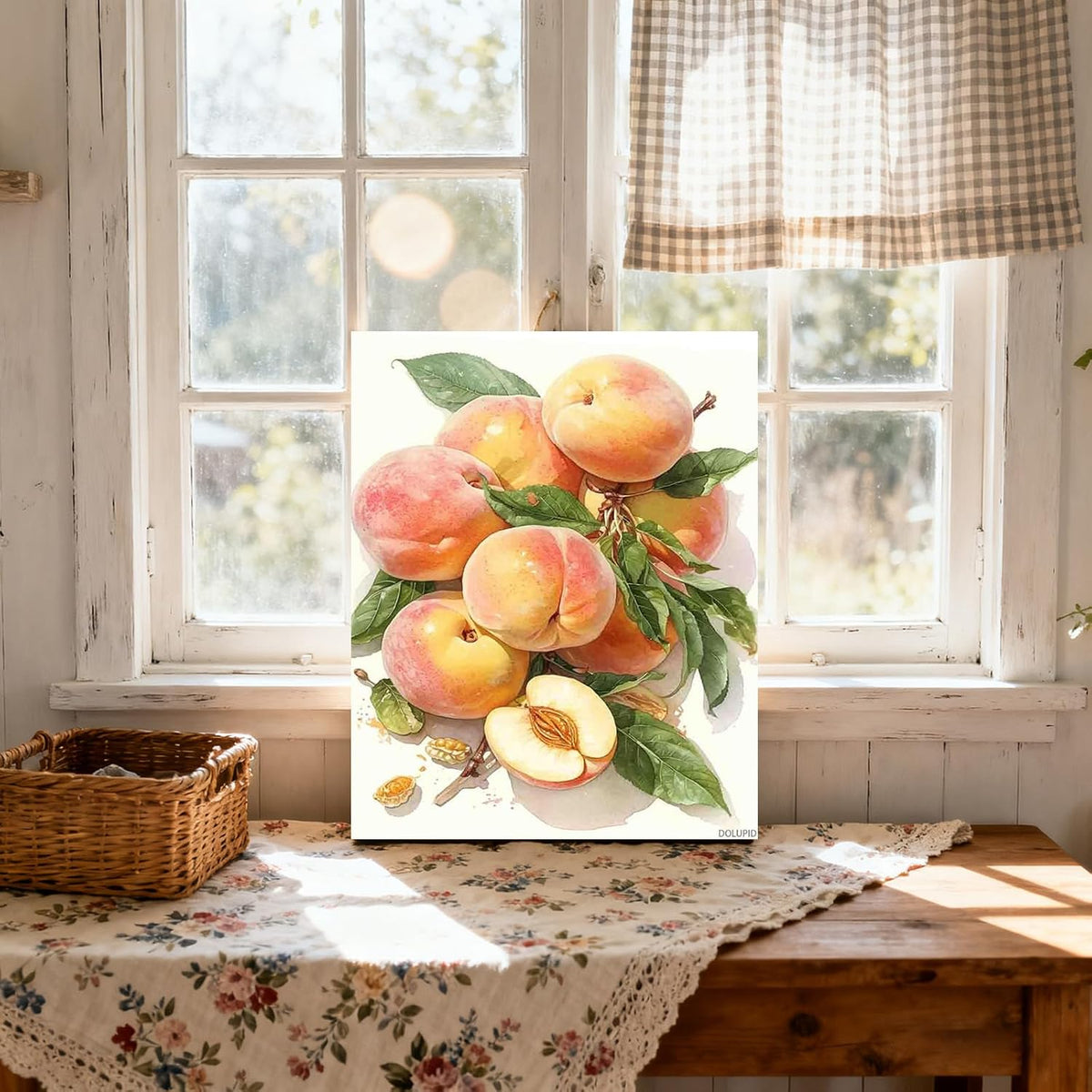 Peaches Fruit in Bowl Art Watercolors Painting, Kitchen Wall Art, Cooking Print, Food Painting for Living Room Wooden Framed 8x10inch Canvas Print with Frame