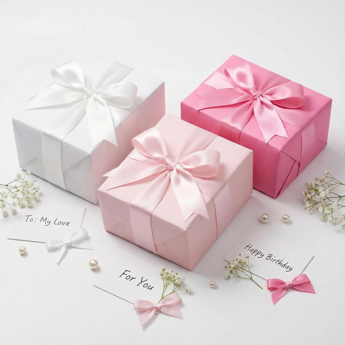 Pink Double Face Satin Ribbon 1 Inch x 45 Yards White Fabric Ribbon for Gift Wrapping, Flower Bouquets, Hair Bows Making, Wedding Decoration, Invitation Cards, Valentine's Day (3 Rolls *15Yd)