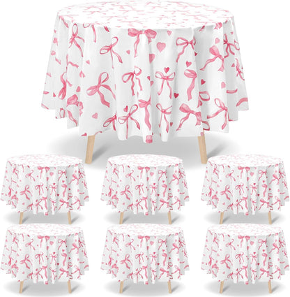 6 Pcs Pink Bow Tablecloths 84 Inch Plastic Round Table Covers Waterproof Coquette Birthday Party Decorations Pink Bow Favors Table Covers for Women Bridal Baby Shower Bachelorette Party Decor
