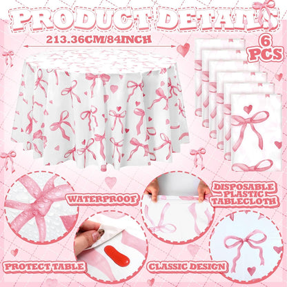 6 Pcs Pink Bow Tablecloths 84 Inch Plastic Round Table Covers Waterproof Coquette Birthday Party Decorations Pink Bow Favors Table Covers for Women Bridal Baby Shower Bachelorette Party Decor