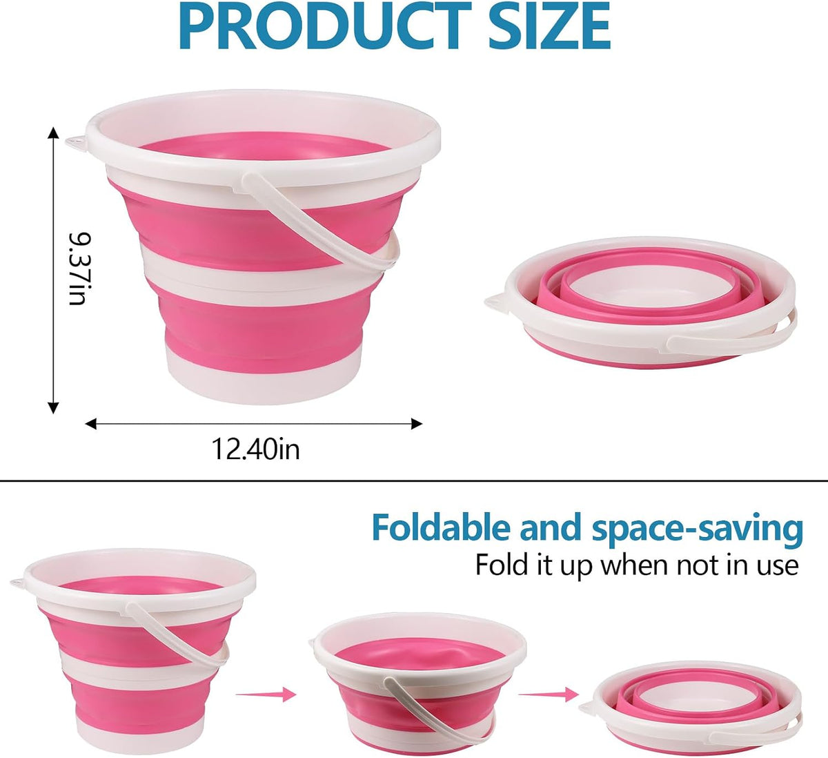 Car Collapsible Bucket, 10L 2.6 Gallon Foldable Round Tub, Pink