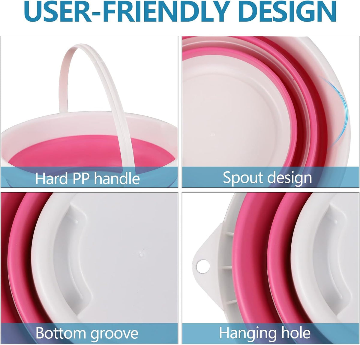 Car Collapsible Bucket, 10L 2.6 Gallon Foldable Round Tub, Pink