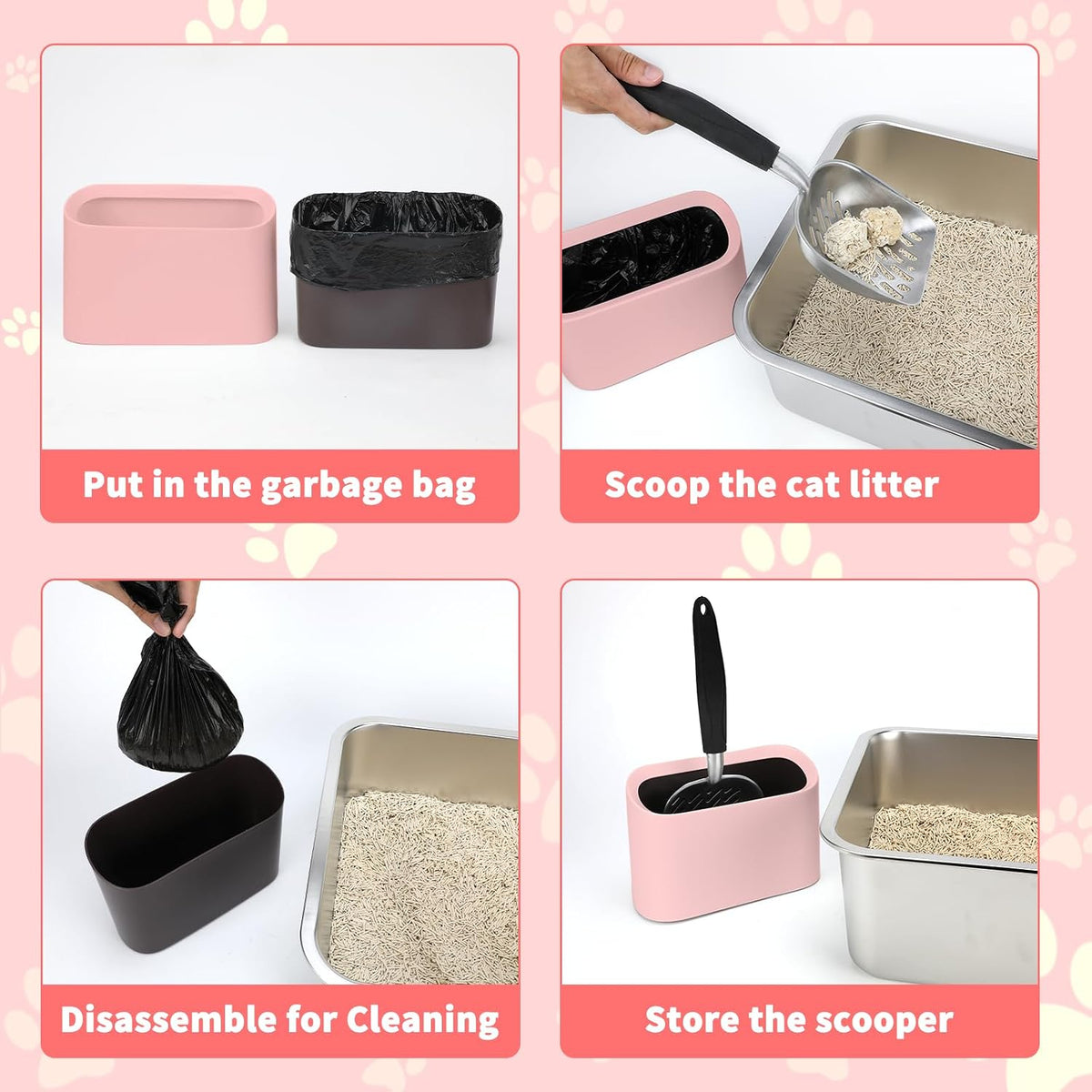 Metal Cat Litter Scoop with Holder, Lidded Caddy Set, Pink