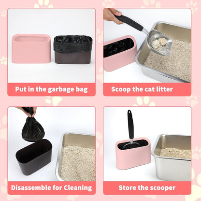 Metal Cat Litter Scoop with Holder, Lidded Caddy Set, Pink