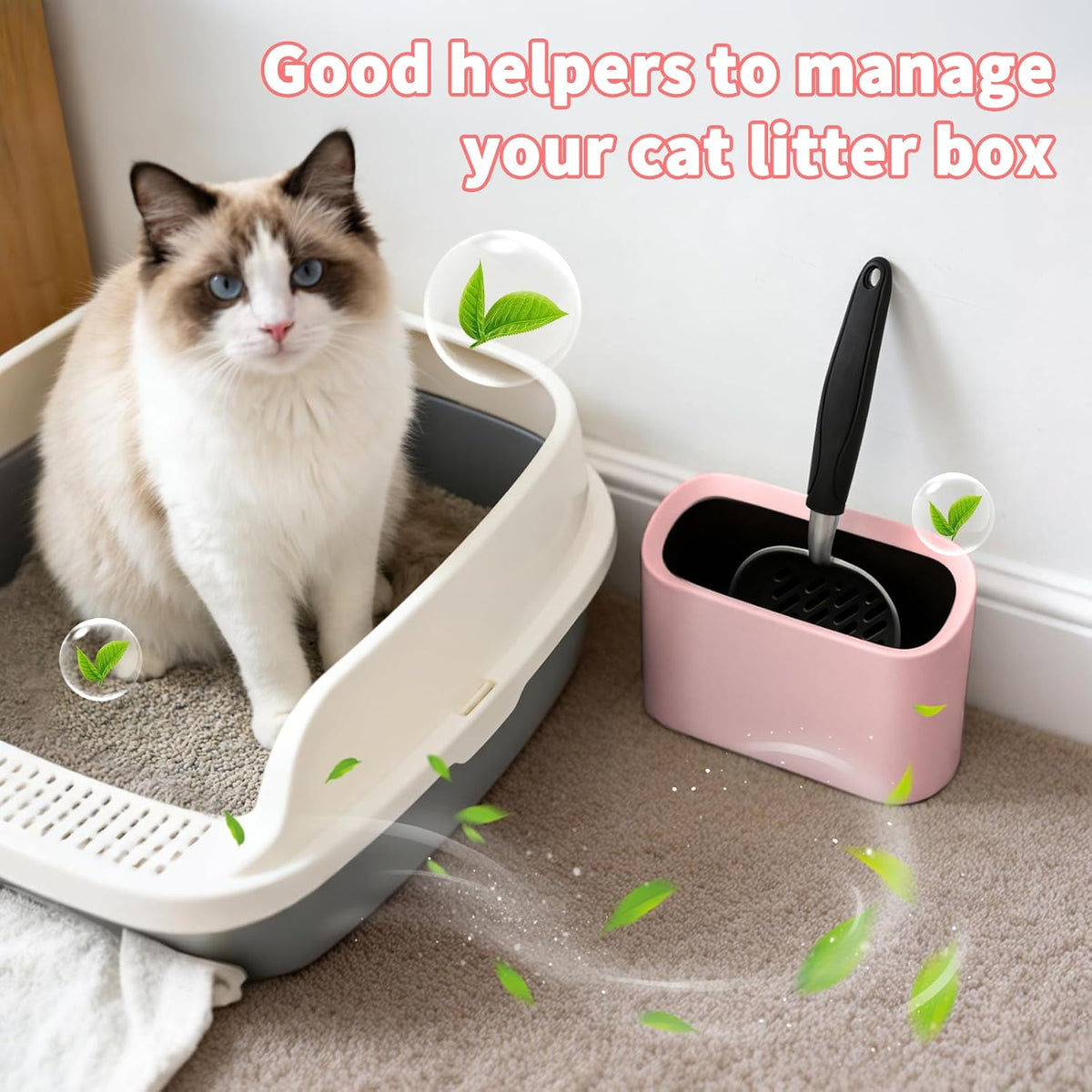 Metal Cat Litter Scoop with Holder, Lidded Caddy Set, Pink