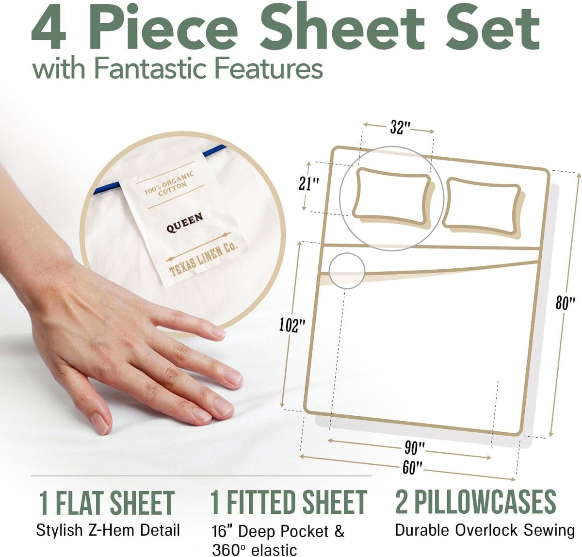 . 100% Organic Cotton Queen Percale Sheet Set - Blush Cotton Percale Sheets Queen, 4 Piece Percale Sheets Queen Size, Crisp, Cooling Sheets, 16" Deep Pocket Hotel Sheet Queen Size