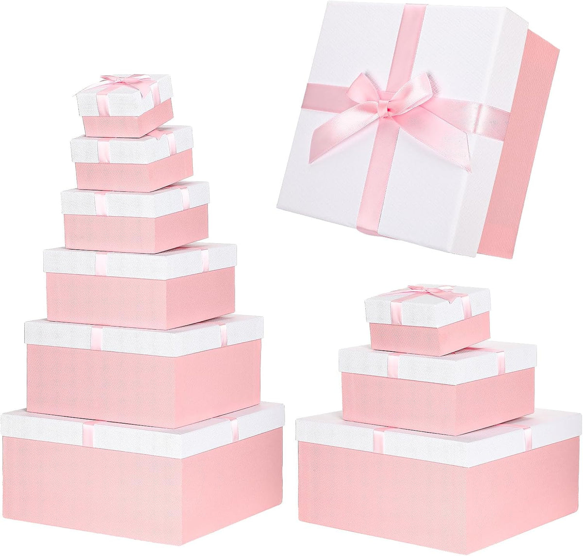 Chivertion 6 Pack Nesting Gift Boxes with Lids Ribbon, Large Square, Pink