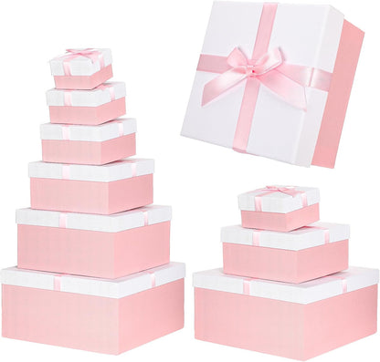 Chivertion 6 Pack Nesting Gift Boxes with Lids Ribbon, Large Square, Pink
