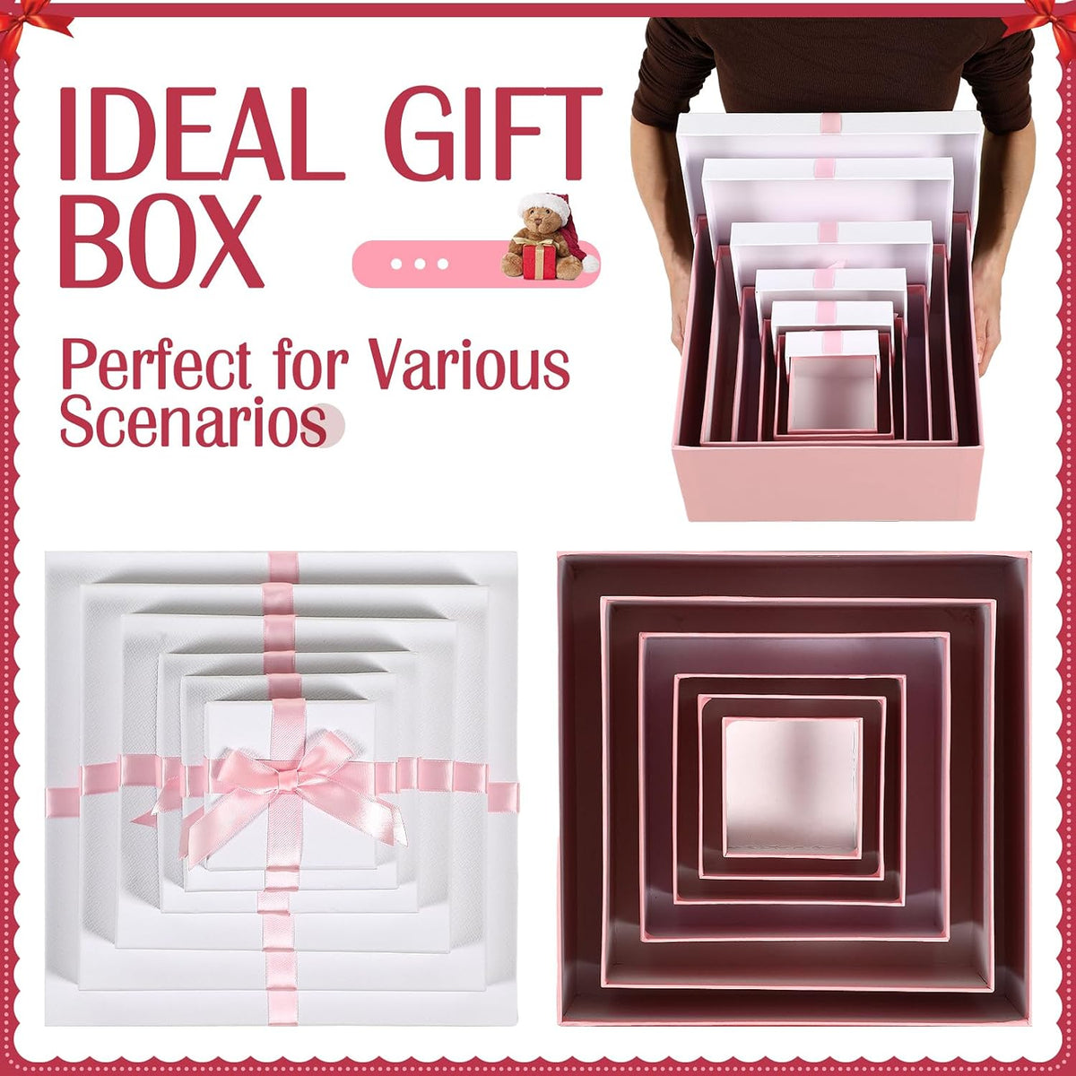 Chivertion 6 Pack Nesting Gift Boxes with Lids Ribbon, Large Square, Pink