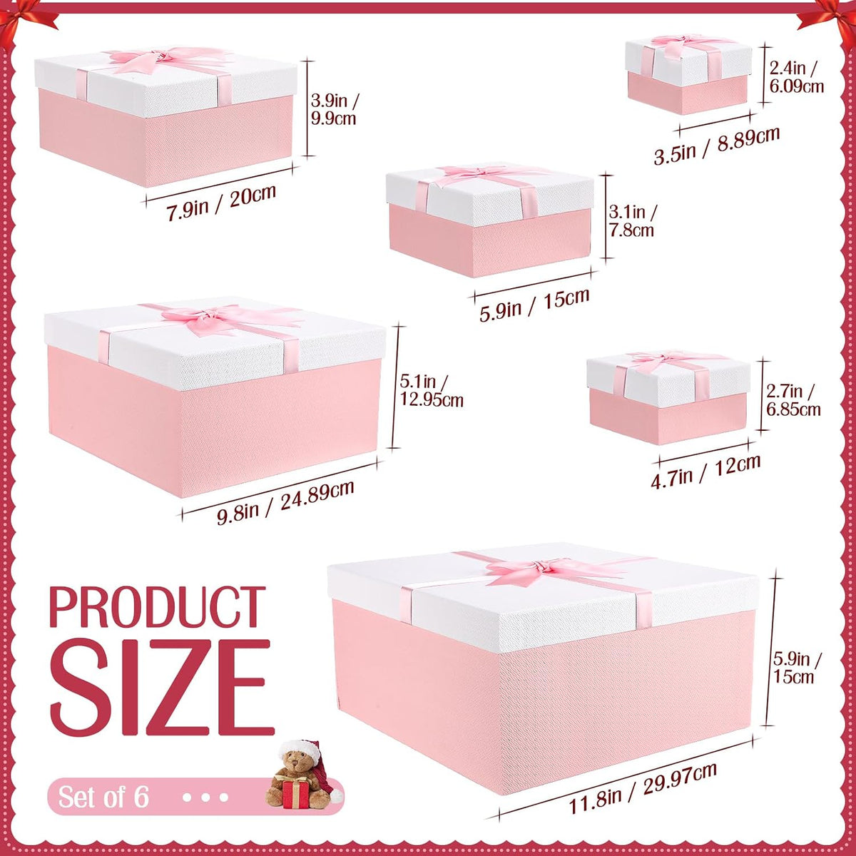 Chivertion 6 Pack Nesting Gift Boxes with Lids Ribbon, Large Square, Pink