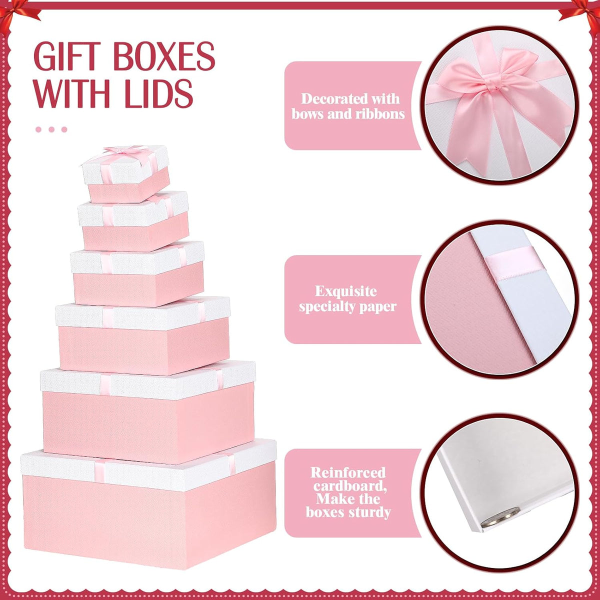 Chivertion 6 Pack Nesting Gift Boxes with Lids Ribbon, Large Square, Pink