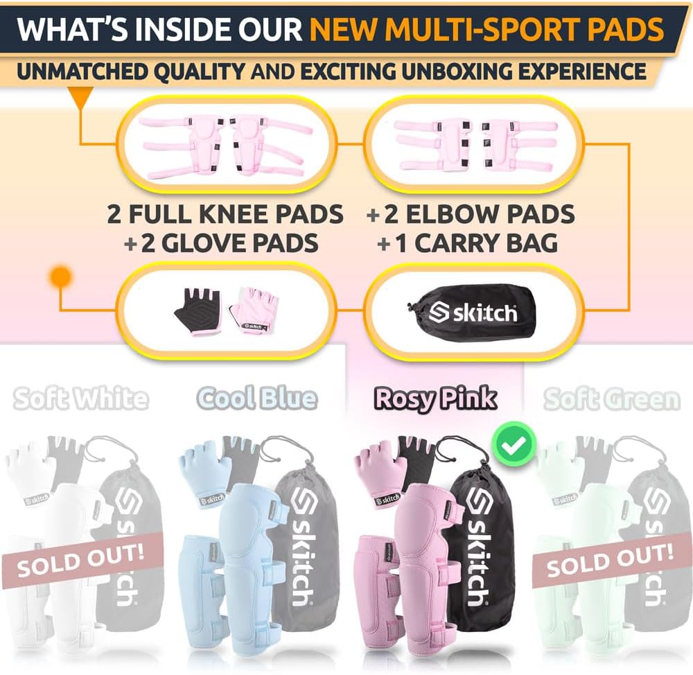 Skateboard Protective Safety Gear Set for Kids and Teens | Premium Lycra Sport Knee Pads + Elbow Pads + Wrist Guards + Carry Bag Scooter Roller Skate Inline Skating Rollerblading
