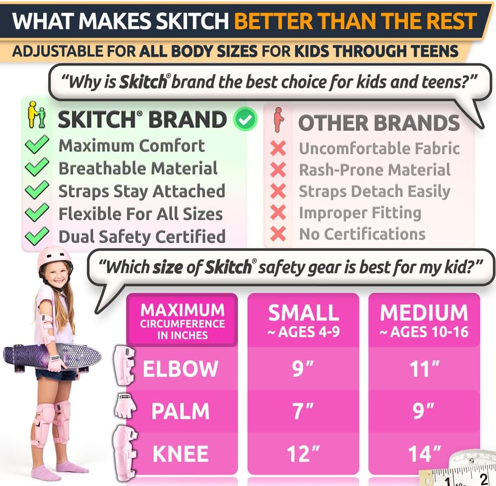 Skateboard Protective Safety Gear Set for Kids and Teens | Premium Lycra Sport Knee Pads + Elbow Pads + Wrist Guards + Carry Bag Scooter Roller Skate Inline Skating Rollerblading