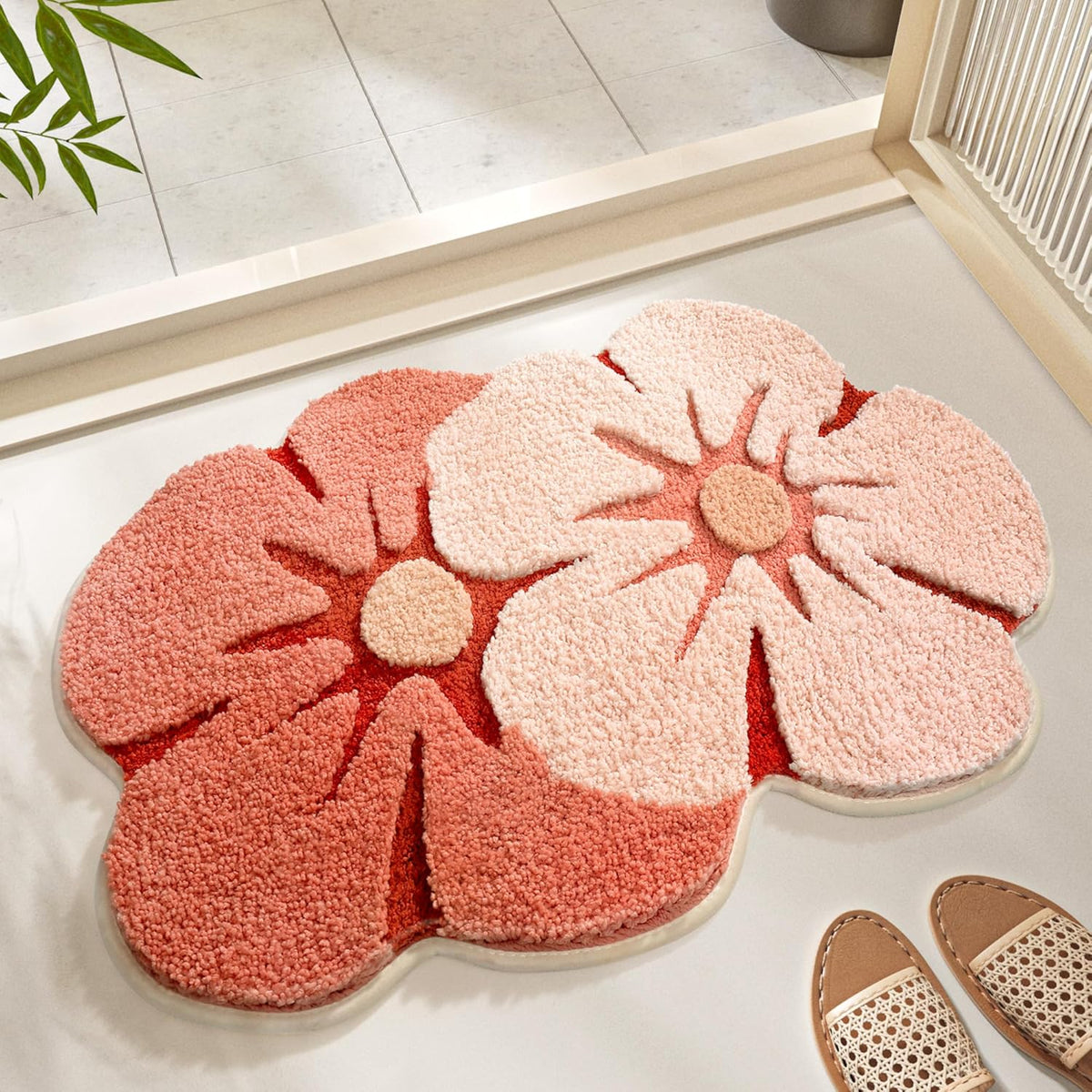Shower Rug Bath Mat Forest Series Cartoon Design Bathroom Rug, Fluffy, Soft, Non-Slip, Durable, Absorbent Bath Rug, Irregular Plant Shaped Door Mat and Carpet, 19.7" x 31.5", Peach Blossom