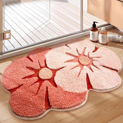 Shower Rug Bath Mat Forest Series Cartoon Design Bathroom Rug, Fluffy, Soft, Non-Slip, Durable, Absorbent Bath Rug, Irregular Plant Shaped Door Mat and Carpet, 19.7" x 31.5", Peach Blossom