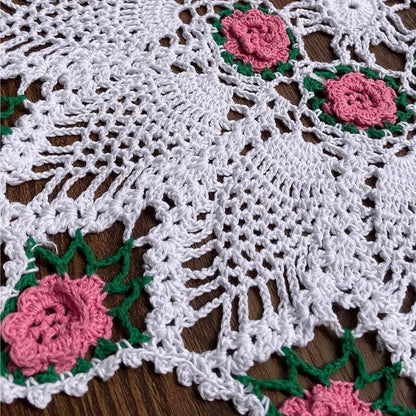 Handmade Crochet Floral Table Overlays Farmhouse Round Tablecloths for Wedding 18 inch Pink Rose Flower(Pink)