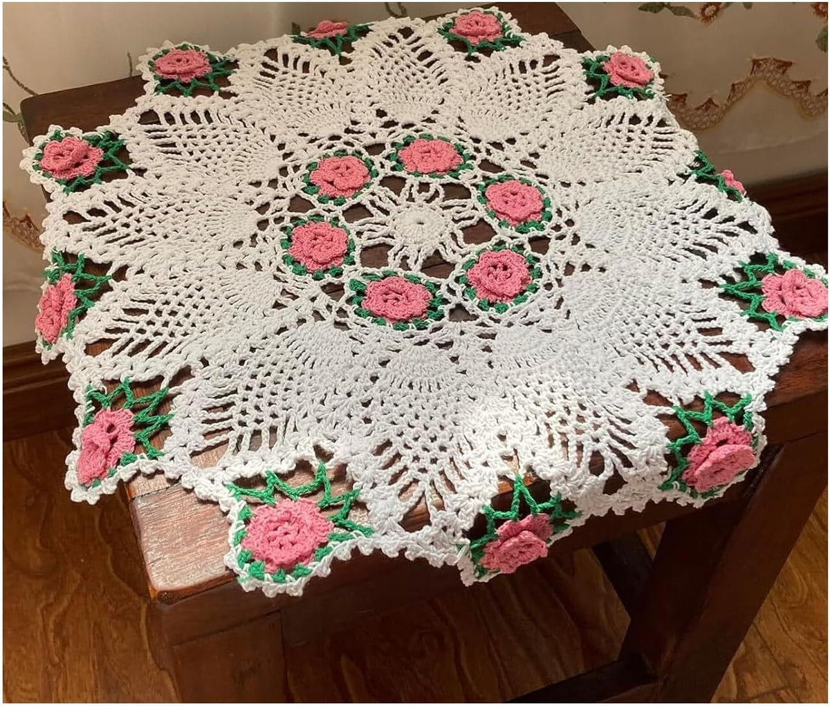Handmade Crochet Floral Table Overlays Farmhouse Round Tablecloths for Wedding 18 inch Pink Rose Flower(Pink)