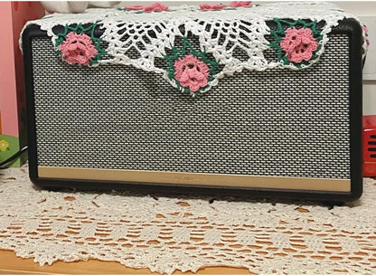 Handmade Crochet Floral Table Overlays Farmhouse Round Tablecloths for Wedding 18 inch Pink Rose Flower(Pink)