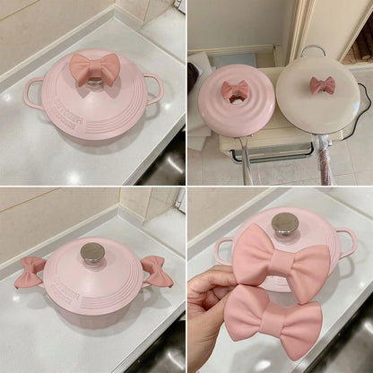 2 Pairs Silicone Bowknot Pot Handle Holders – Pink and Rose Red, Heat Resistant Non-Slip Grips for Cast Iron Skillets and Most Cookware