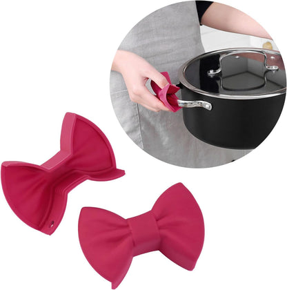 2 Pairs Silicone Bowknot Pot Handle Holders – Pink and Rose Red, Heat Resistant Non-Slip Grips for Cast Iron Skillets and Most Cookware