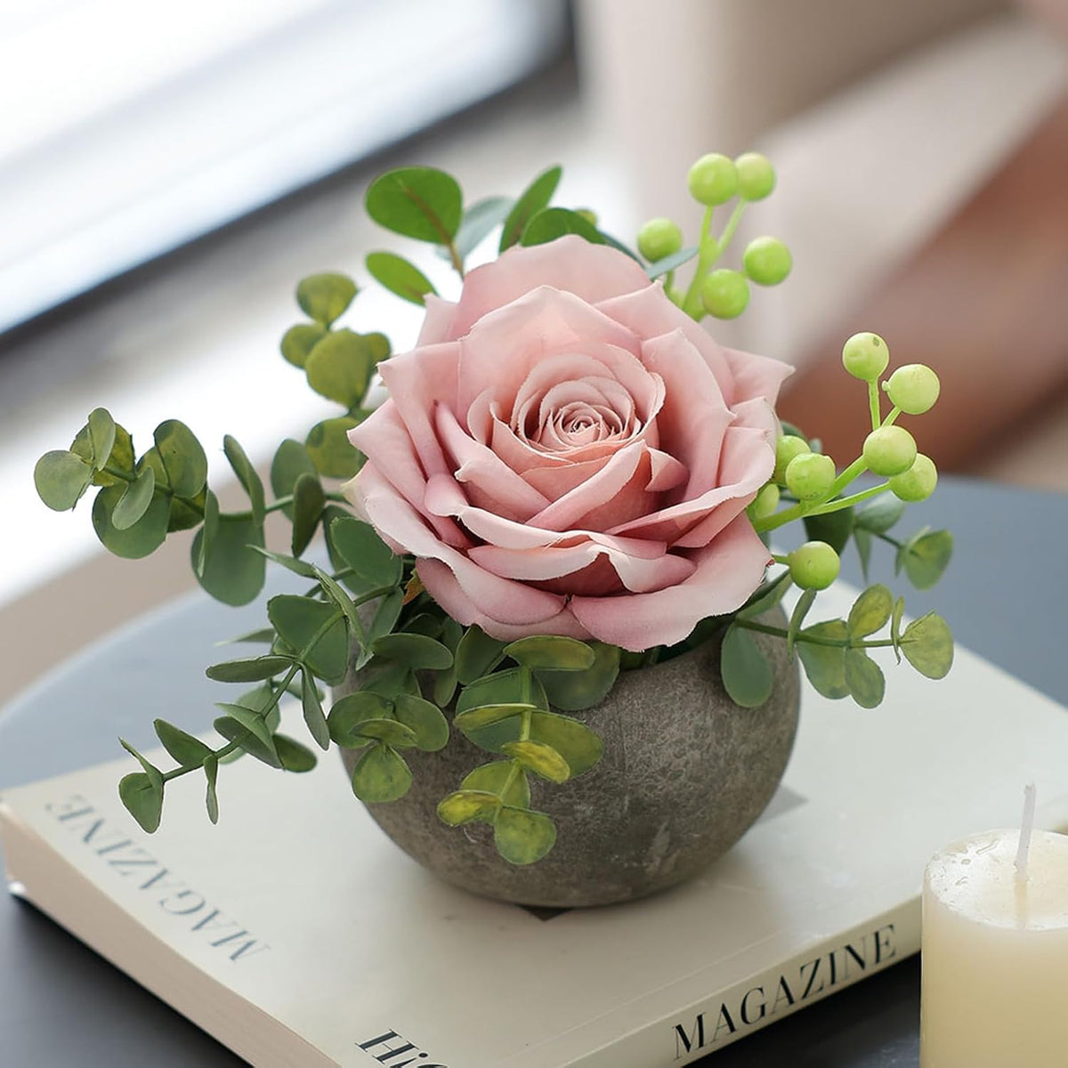 DIY Small Artificial Flowers Potted Kit Fake Flower Realistic Silk Rose and Greenery with Vase for Gifts Table Centerpiece Mantle Office Desk Shelves Living Room Decorations (Light Pink)