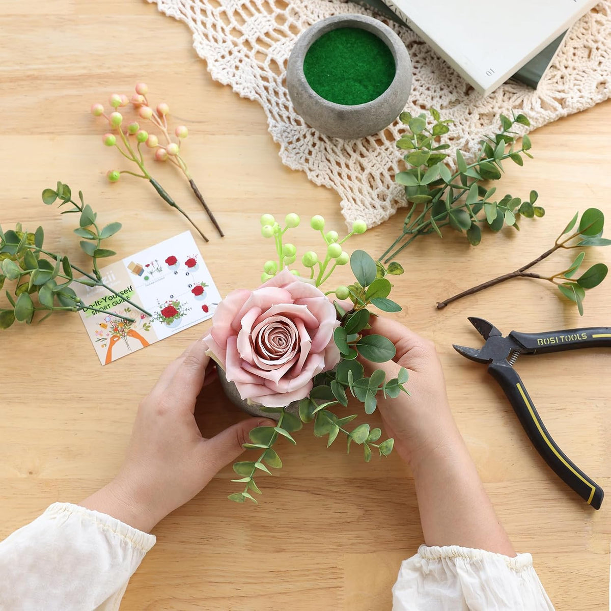 DIY Small Artificial Flowers Potted Kit Fake Flower Realistic Silk Rose and Greenery with Vase for Gifts Table Centerpiece Mantle Office Desk Shelves Living Room Decorations (Light Pink)