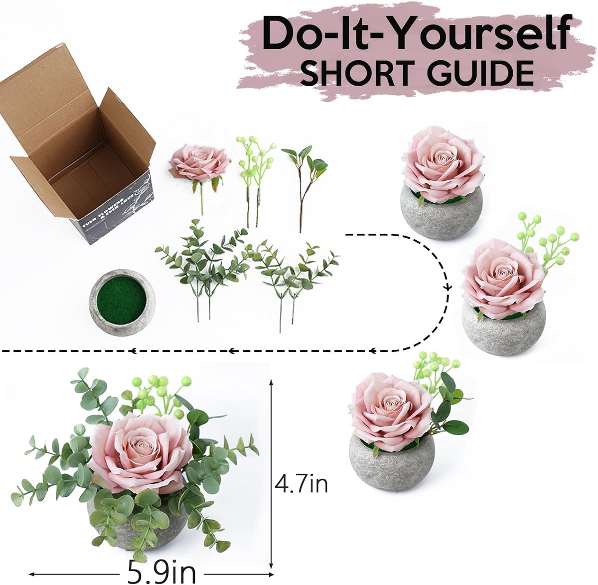 DIY Small Artificial Flowers Potted Kit Fake Flower Realistic Silk Rose and Greenery with Vase for Gifts Table Centerpiece Mantle Office Desk Shelves Living Room Decorations (Light Pink)