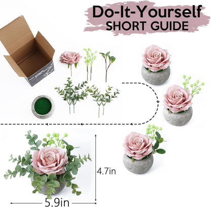 DIY Small Artificial Flowers Potted Kit Fake Flower Realistic Silk Rose and Greenery with Vase for Gifts Table Centerpiece Mantle Office Desk Shelves Living Room Decorations (Light Pink)