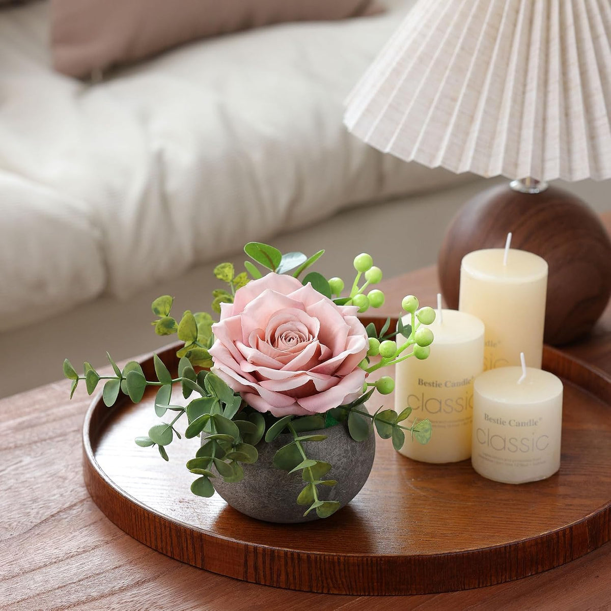 DIY Small Artificial Flowers Potted Kit Fake Flower Realistic Silk Rose and Greenery with Vase for Gifts Table Centerpiece Mantle Office Desk Shelves Living Room Decorations (Light Pink)