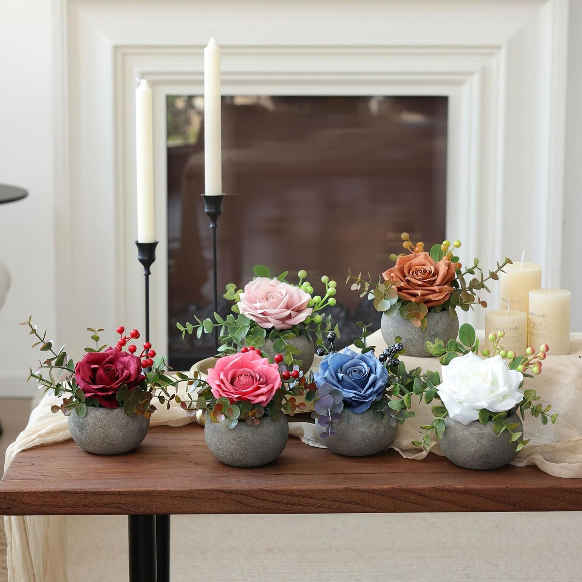 DIY Small Artificial Flowers Potted Kit Fake Flower Realistic Silk Rose and Greenery with Vase for Gifts Table Centerpiece Mantle Office Desk Shelves Living Room Decorations (Light Pink)
