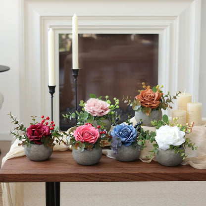 DIY Small Artificial Flowers Potted Kit Fake Flower Realistic Silk Rose and Greenery with Vase for Gifts Table Centerpiece Mantle Office Desk Shelves Living Room Decorations (Light Pink)