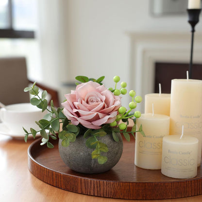 DIY Small Artificial Flowers Potted Kit Fake Flower Realistic Silk Rose and Greenery with Vase for Gifts Table Centerpiece Mantle Office Desk Shelves Living Room Decorations (Light Pink)