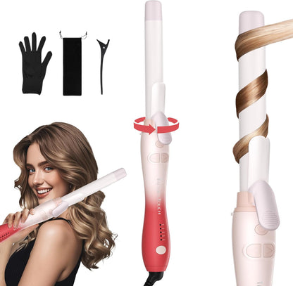 Extra-Long Barrel Rotating Curling Iron with Short Clamp, Automatic Curling Iron 1 Inch Creates Loose Curls – for Medium and Long Hair, High Heat 410°F, Instant Heat up, Double Ceramic, Dual Voltage