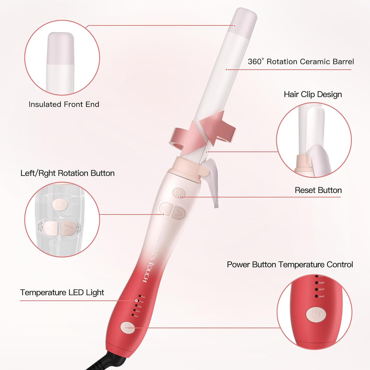 Extra-Long Barrel Rotating Curling Iron with Short Clamp, Automatic Curling Iron 1 Inch Creates Loose Curls – for Medium and Long Hair, High Heat 410°F, Instant Heat up, Double Ceramic, Dual Voltage