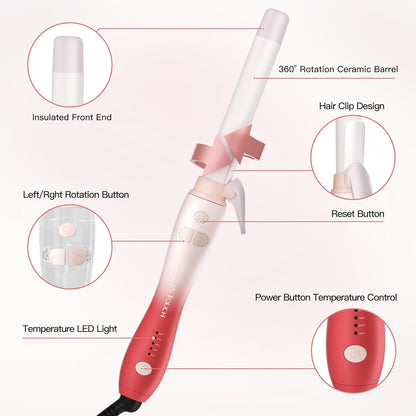 Extra-Long Barrel Rotating Curling Iron with Short Clamp, Automatic Curling Iron 1 Inch Creates Loose Curls – for Medium and Long Hair, High Heat 410°F, Instant Heat up, Double Ceramic, Dual Voltage
