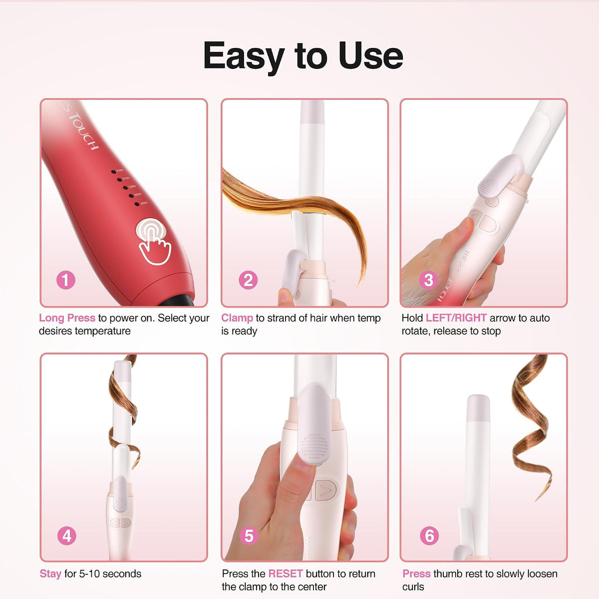 Extra-Long Barrel Rotating Curling Iron with Short Clamp, Automatic Curling Iron 1 Inch Creates Loose Curls – for Medium and Long Hair, High Heat 410°F, Instant Heat up, Double Ceramic, Dual Voltage
