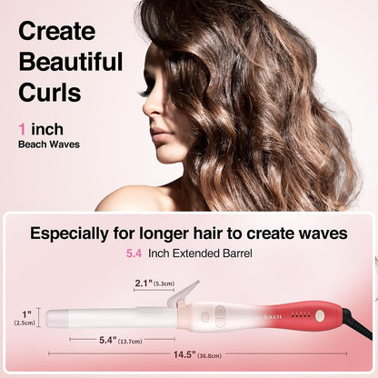 Extra-Long Barrel Rotating Curling Iron with Short Clamp, Automatic Curling Iron 1 Inch Creates Loose Curls – for Medium and Long Hair, High Heat 410°F, Instant Heat up, Double Ceramic, Dual Voltage