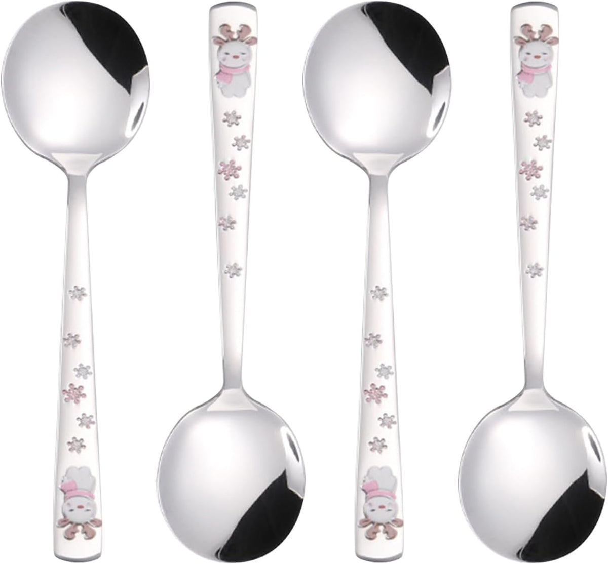 Cute Cartoon Stainless Steel Dinner Spoons,Christmas Spoon,Stainless Steel Soup Spoon,7 Inch,Pink Elk,4 Pieces.