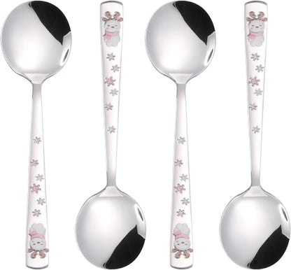 Cute Cartoon Stainless Steel Dinner Spoons,Christmas Spoon,Stainless Steel Soup Spoon,7 Inch,Pink Elk,4 Pieces.