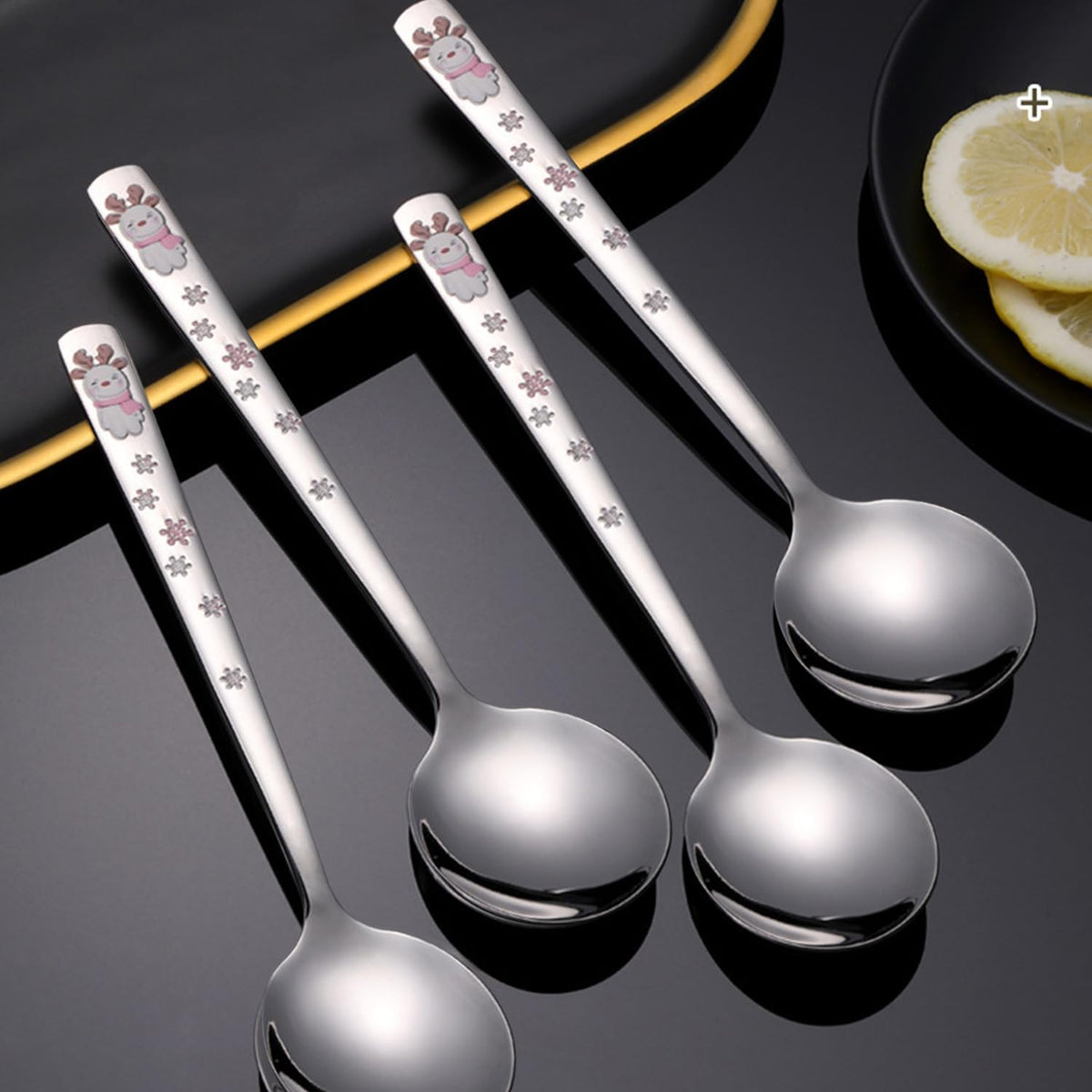 Cute Cartoon Stainless Steel Dinner Spoons,Christmas Spoon,Stainless Steel Soup Spoon,7 Inch,Pink Elk,4 Pieces.