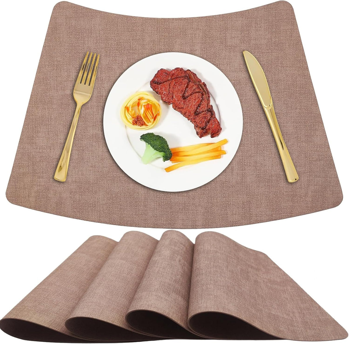 Round Table Placemats Set of 4, Faux Leather Wedge Shape Place Mats Heat Resistant Wipeable Washable Table Mats, Heavy Duty Kitchen Dining Mats(Light pink)